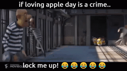 A Cartoon Of A Man In A Striped Shirt With The Words If Loving Apple Day Is A Crime Lock Me Up GIF