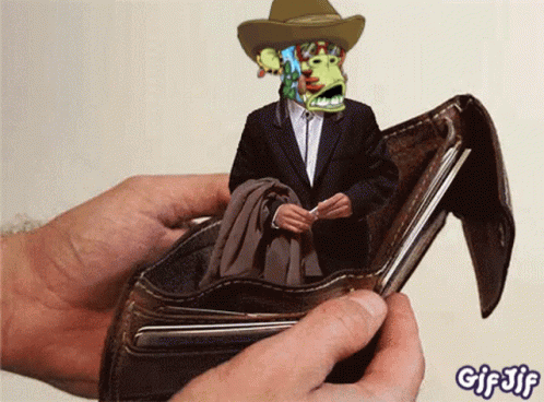 A Cartoon Of A Man In A Suit And Cowboy Hat Is Coming Out Of An Empty Wallet GIF