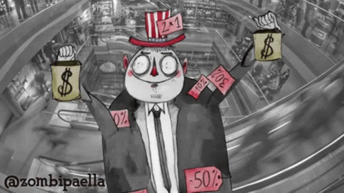 A Cartoon Of A Man In A Suit And Tie Holding A Sign That Says -50 % GIF