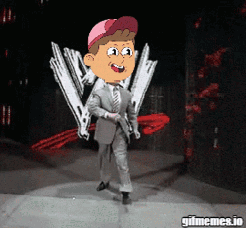 A Cartoon Of A Man In A Suit And Tie Is On A Stage With Gifmemes.io Written Below Him GIF