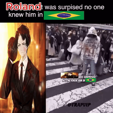 A Cartoon Of A Man In A Suit And Tie Next To A Picture Of A Crowd Of People GIF