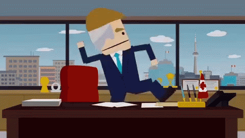 A Cartoon Of A Man In A Suit And Tie Running Across An Office Desk GIF