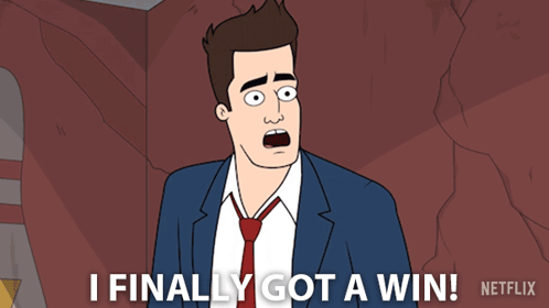 A Cartoon Of A Man In A Suit And Tie Saying I Finally Got A Win GIF