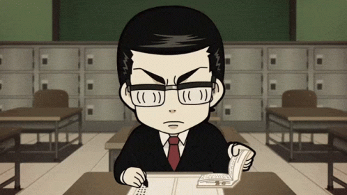 A Cartoon Of A Man In A Suit And Tie Sitting At A Desk Reading A Book GIF