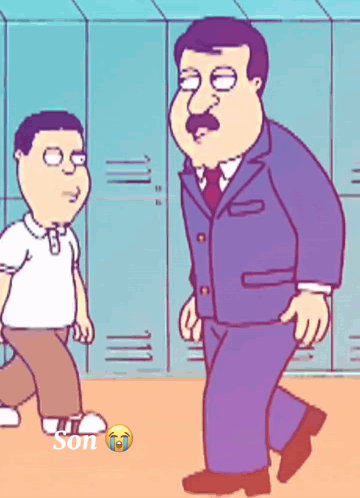 A Cartoon Of A Man In A Suit And Tie Standing Next To A Boy In A White Shirt GIF
