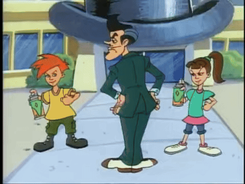 A Cartoon Of A Man In A Suit And Top Hat Standing Next To Two Children GIF
