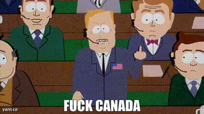 A Cartoon Of A Man In A Suit Giving The Middle Finger With The Words Fuck Canada Below Him GIF