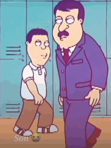 A Cartoon Of A Man In A Suit Standing Next To A Boy GIF