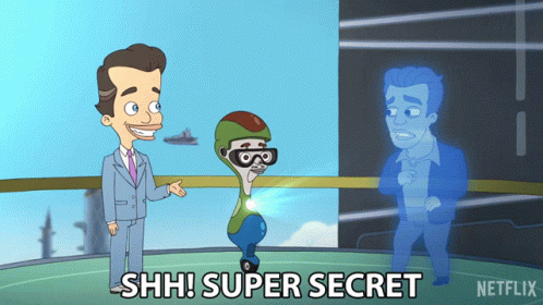 A Cartoon Of A Man In A Suit Standing Next To A Ghost With The Words " Shh Super Secret " On The Bottom GIF
