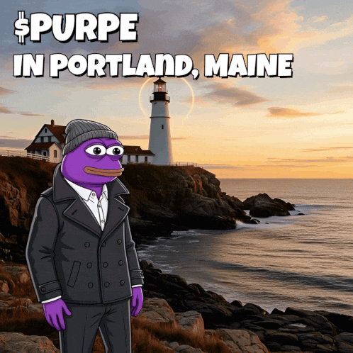 A Cartoon Of A Man In A Suit Standing On A Cliff Near The Ocean With The Words Purpe In Portland Maine Above Him GIF