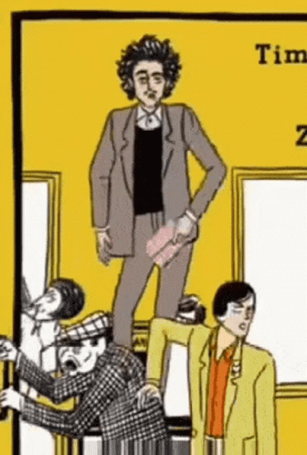 A Cartoon Of A Man In A Suit Standing On Top Of A Painting GIF