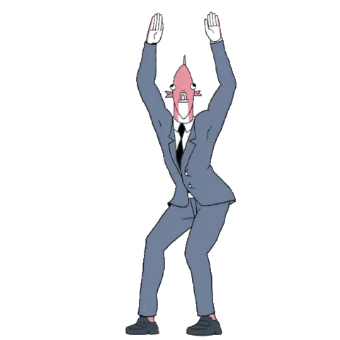a cartoon of a man in a suit with a fish head on his head