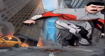 A Cartoon Of A Man In A Superhero Costume Jumping In The Air In A City . GIF