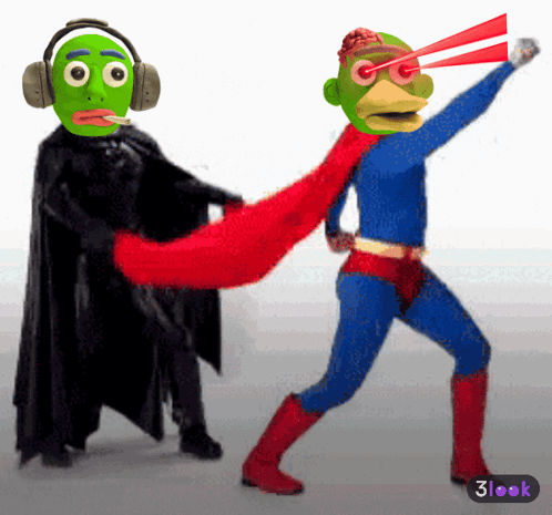 A Cartoon Of A Man In A Superhero Costume Standing Next To A Man In A Black Cape With Headphones GIF