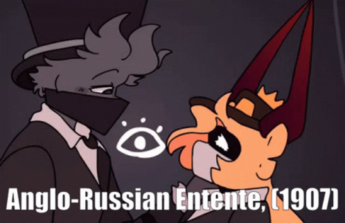 A Cartoon Of A Man In A Top Hat And A Bird With The Words Anglo-Russian Entente 1907 GIF