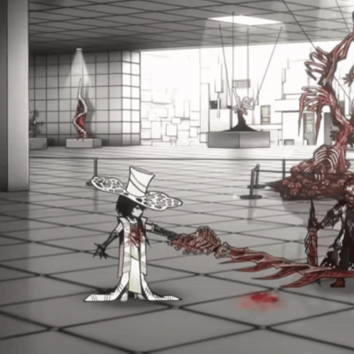 A Cartoon Of A Man In A Top Hat Holding A Bloody Sword GIF