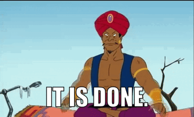 A Cartoon Of A Man In A Turban Sitting On A Carpet With The Words It Is Done Below Him . GIF