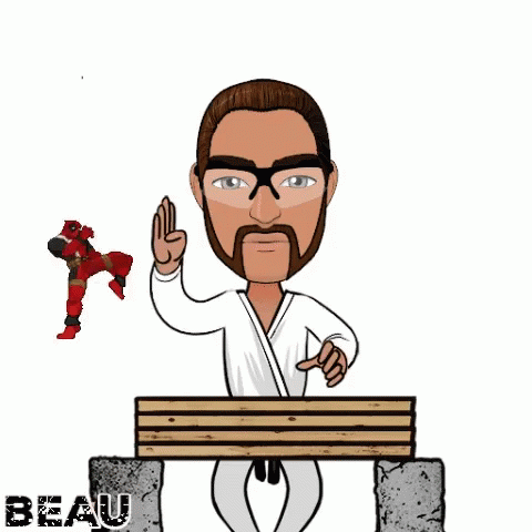 A Cartoon Of A Man In A White Karate Uniform Giving A Peace Sign . GIF