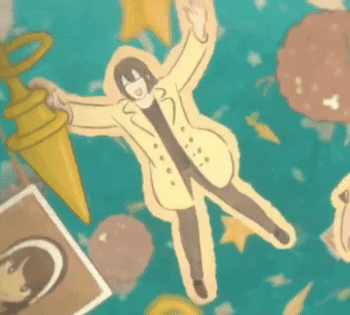 A Cartoon Of A Man In A Yellow Coat Floating In The Air With His Arms Outstretched . GIF