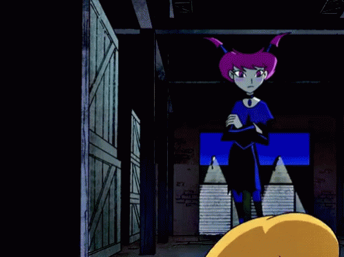 A Cartoon Of A Man In A Yellow Suit And A Girl In A Blue Suit Standing Next To Each Other GIF