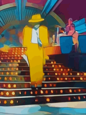 A Cartoon Of A Man In A Yellow Suit And Hat GIF
