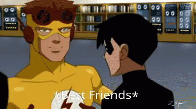 A Cartoon Of A Man In A Yellow Superhero Costume Talking To A Robin GIF