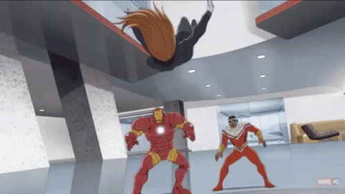 A Cartoon Of A Man In An Iron Man Suit Standing Next To A Man In A Falcon Suit GIF