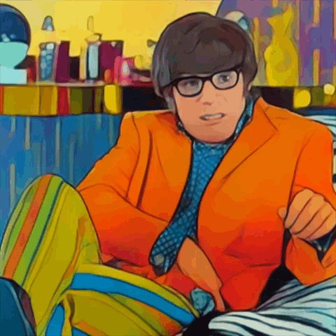 A Cartoon Of A Man In An Orange Jacket And Tie GIF