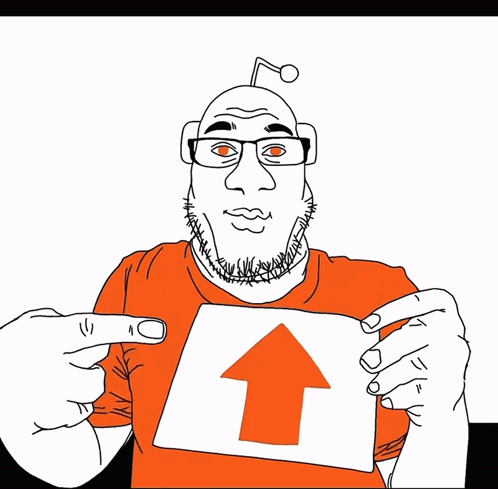 A Cartoon Of A Man In An Orange Shirt With A Picture Of Another Man In The Background GIF