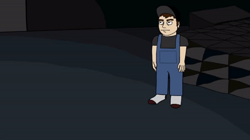 A Cartoon Of A Man In Blue Overalls Standing In The Dark GIF