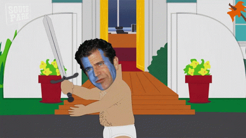 a cartoon of a man in underwear holding a sword in front of a south park sign
