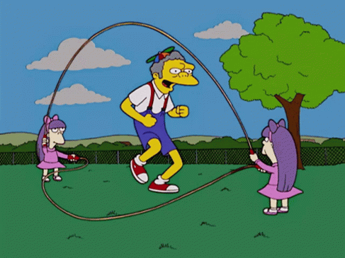 A Cartoon Of A Man Jumping A Jump Rope With Two Girls Behind Him GIF
