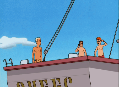 A Cartoon Of A Man Jumping Off A Boat With The Word Que On The Side GIF
