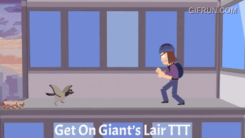 A Cartoon Of A Man Kicking A Bird With The Words Get On Giant 'S Lair Ttt Below Him GIF
