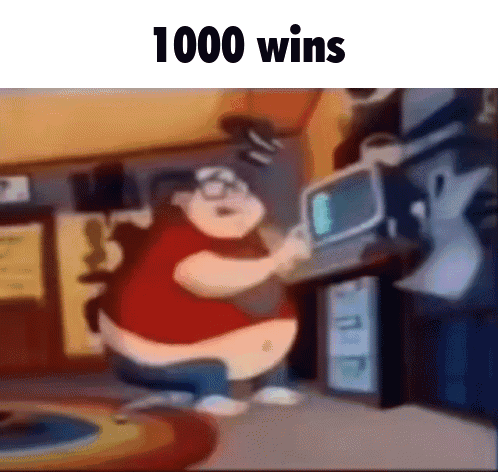A Cartoon Of A Man Kneeling Down In Front Of A Computer With The Words `` 1000 Wins '' Written On The Bottom . GIF