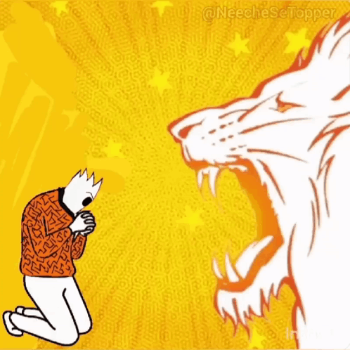 A Cartoon Of A Man Kneeling In Front Of A Lion With The Hashtag Neechese Topper GIF