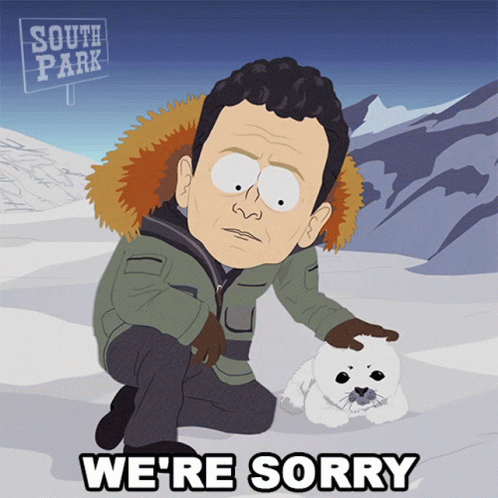 A Cartoon Of A Man Kneeling Next To A Seal With The Words We 'Re Sorry Below Him GIF