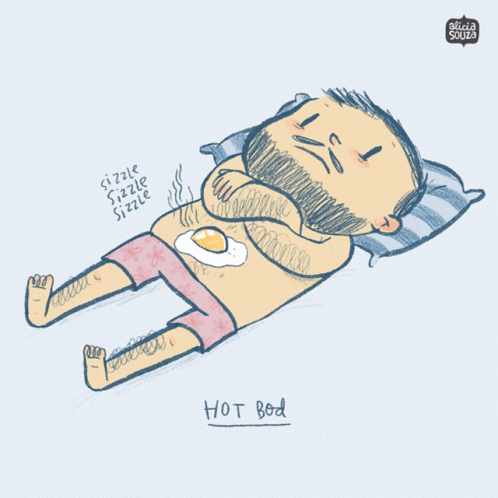 A Cartoon Of A Man Laying Down With A Fried Egg On His Chest And The Words Hot Bod Underneath GIF