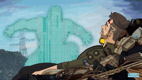 A Cartoon Of A Man Laying Down With A Ghost Behind Him And The Letters L And C On The Bottom Right GIF