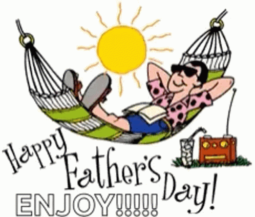 A Cartoon Of A Man Laying In A Hammock With The Words Happy Father 'S Day Enjoy ! GIF