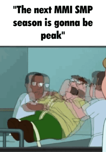 A Cartoon Of A Man Laying In A Hospital Bed With The Words " The Next Mmi Smp Season Is Gonna Be Peak " GIF
