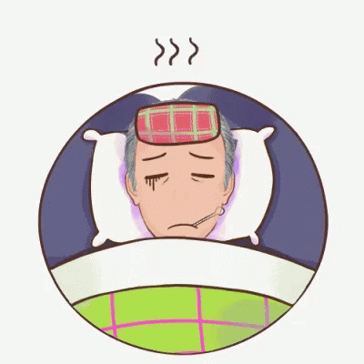 A Cartoon Of A Man Laying In Bed With A Towel On His Head And A Thermometer In His Mouth GIF