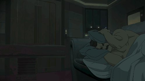 a cartoon of a man laying in bed with his head on his pillow