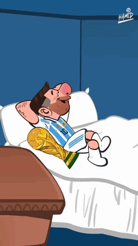 A Cartoon Of A Man Laying On A Bed Holding A Trophy With The Number 18 On His Jersey GIF