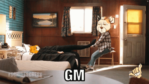 A Cartoon Of A Man Laying On A Bed With The Word Gm Written On It GIF