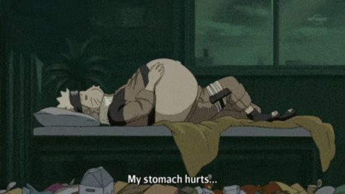A Cartoon Of A Man Laying On A Bed With The Words My Stomach Hurts GIF