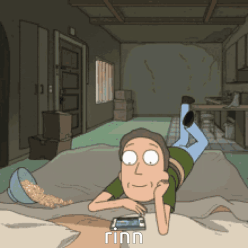 A Cartoon Of A Man Laying On The Floor Looking At A Phone GIF