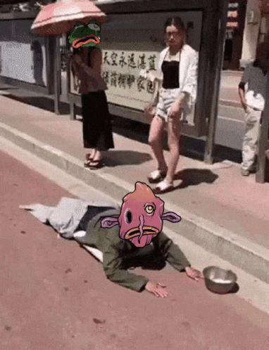A Cartoon Of A Man Laying On The Sidewalk With A Bowl Of Water GIF