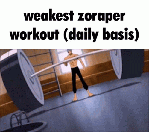 A Cartoon Of A Man Lifting A Barbell With The Words " Weakest Zoraper Workout ( Daily Basis ) " GIF