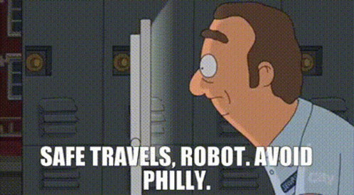 A Cartoon Of A Man Looking At A Computer Screen With The Words `` Safe Travels , Robot , Avoid Philly '' GIF